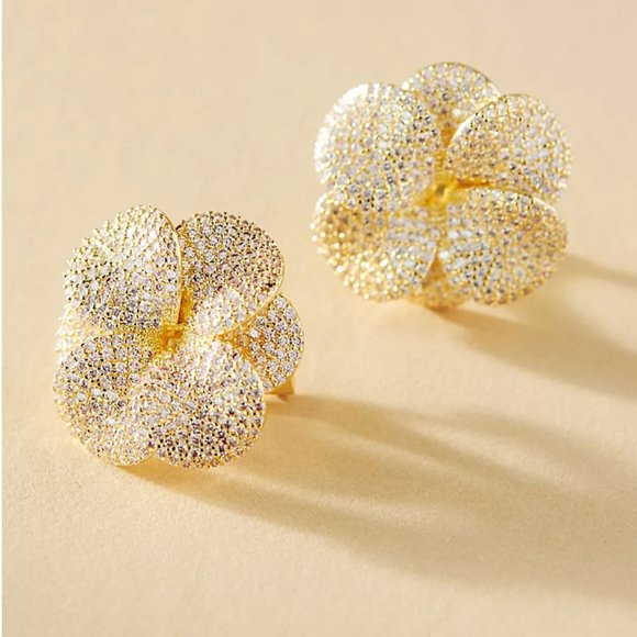 NEW ~ Anthropologie Adina Eden Gold Pavé Flower Stud Earrings